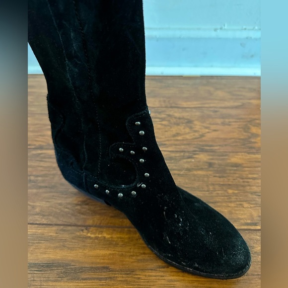 Over-the-Knee Black Leather/Suede Fringe Studded Cowboy Boots, Sz: 7 - Picture 9 of 10